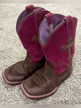 Ariat Crossroads Boots Girls Toddler 8 Brown Fuchsia Suede Cross Square Toe⁠